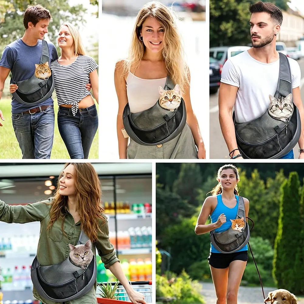 Pet Sling Carrier for Small Dogs and Cats - Hands-Free Crossbody Satchel with Safety Hook, Large Zipper Pocket, Soft Breathable Mesh, and Adjustable Strap for Outdoor Use