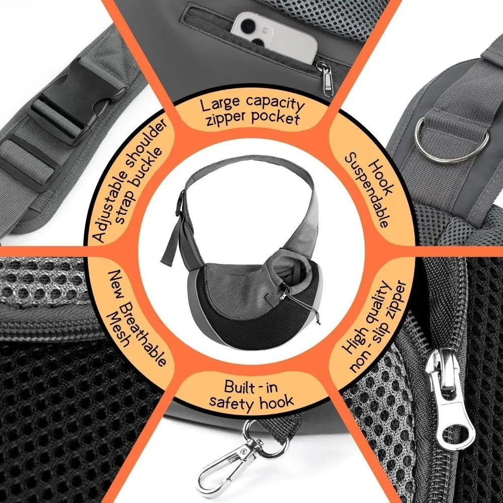 Pet Sling Carrier for Small Dogs and Cats - Hands-Free Crossbody Satchel with Safety Hook, Large Zipper Pocket, Soft Breathable Mesh, and Adjustable Strap for Outdoor Use