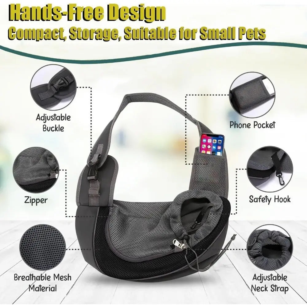 Pet Sling Carrier for Small Dogs and Cats - Hands-Free Crossbody Satchel with Safety Hook, Large Zipper Pocket, Soft Breathable Mesh, and Adjustable Strap for Outdoor Use