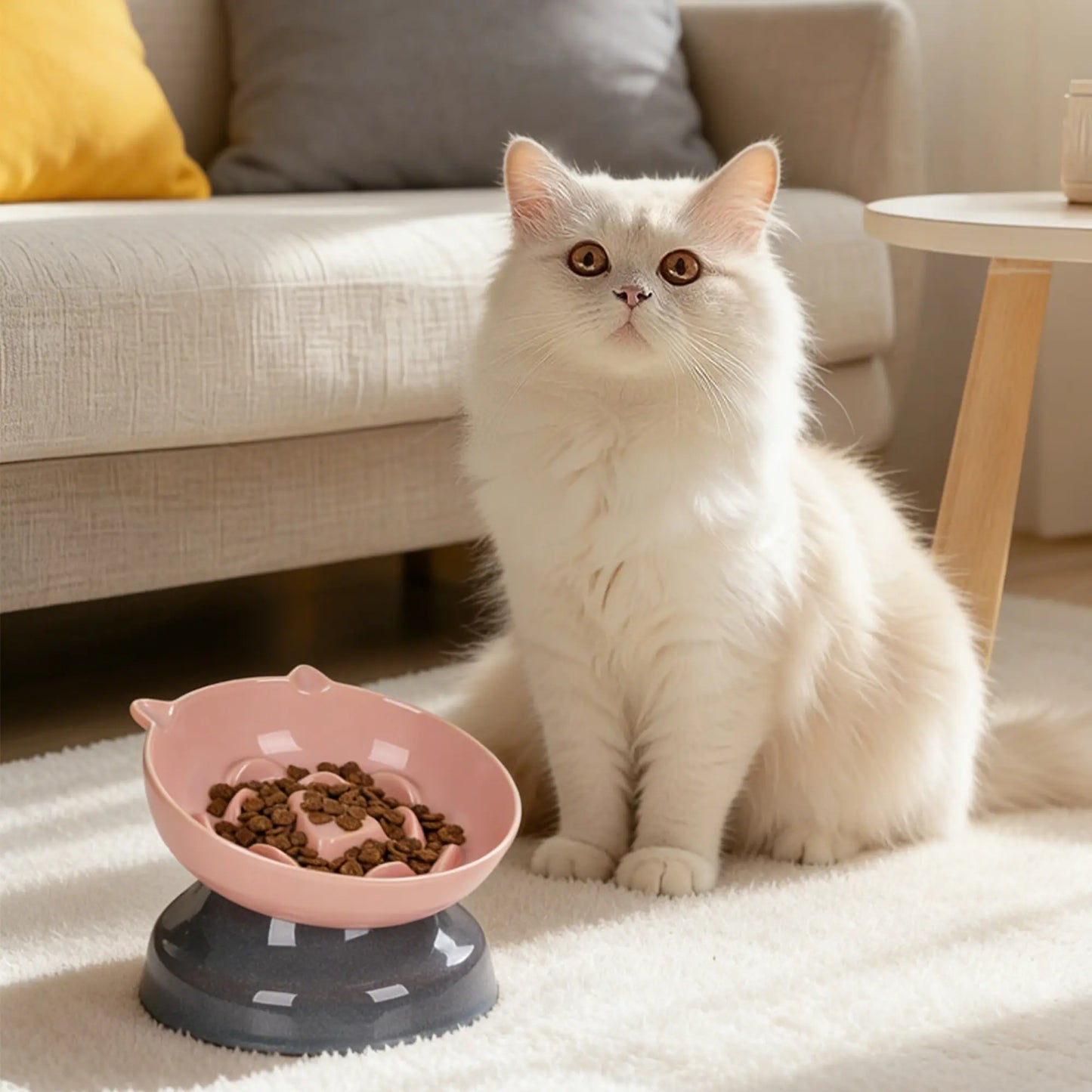 Ceramic Slow Feeder Cat Bowl, Raised Tilted Cat Food Bowl for Fast Eaters, Whisker Friendly Elevated Bowl, Dishwasher Safe for Dry & Wet Food