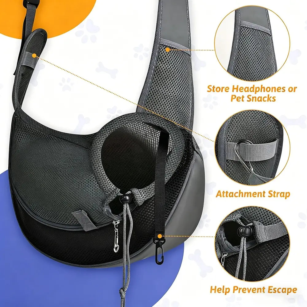 Pet Sling Carrier for Small Dogs and Cats - Hands-Free Crossbody Satchel with Safety Hook, Large Zipper Pocket, Soft Breathable Mesh, and Adjustable Strap for Outdoor Use