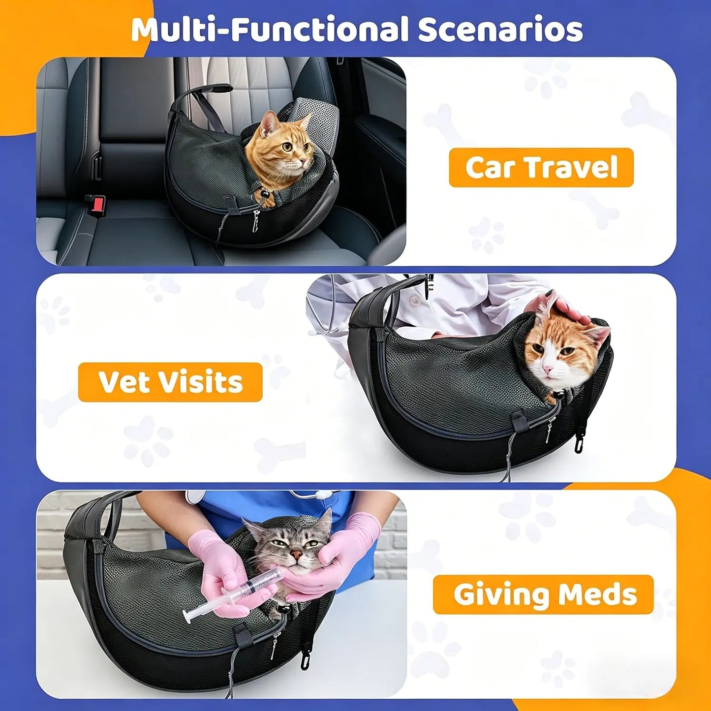 Pet Sling Carrier for Small Dogs and Cats - Hands-Free Crossbody Satchel with Safety Hook, Large Zipper Pocket, Soft Breathable Mesh, and Adjustable Strap for Outdoor Use