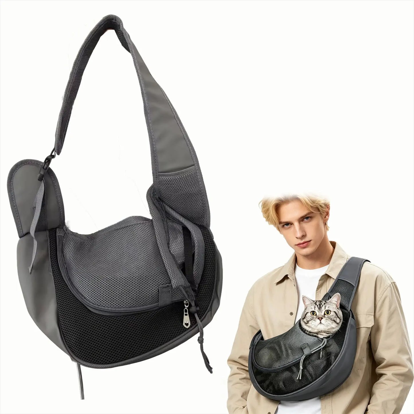 Pet Sling Carrier for Small Dogs and Cats - Hands-Free Crossbody Satchel with Safety Hook, Large Zipper Pocket, Soft Breathable Mesh, and Adjustable Strap for Outdoor Use