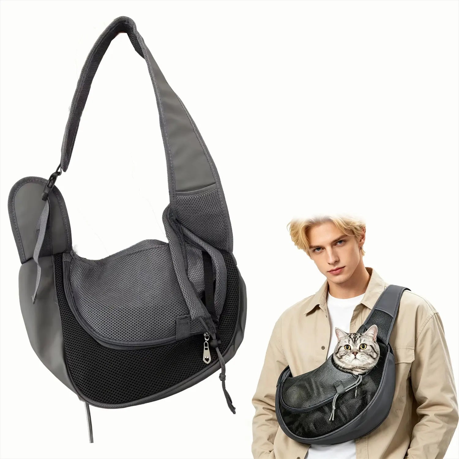 Pet Sling Carrier for Small Dogs and Cats - Hands-Free Crossbody Satchel with Safety Hook, Large Zipper Pocket, Soft Breathable Mesh, and Adjustable Strap for Outdoor Use